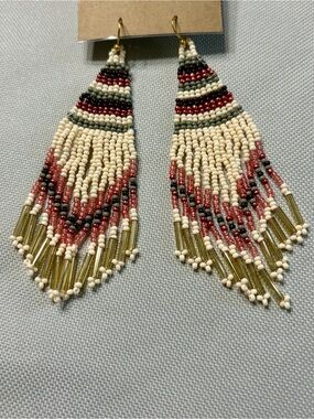 NWT Neutral Tone Woven Seed Bead Fringe Earrings